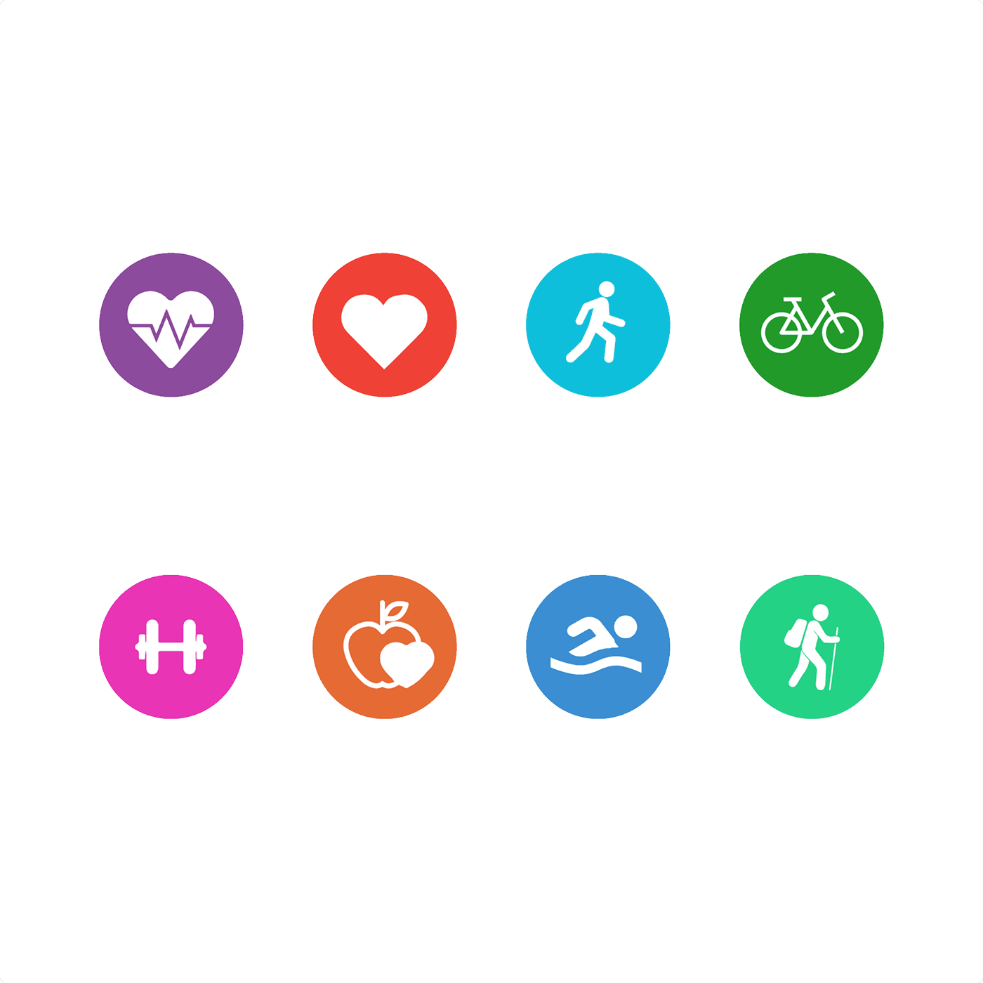 Acht farbige kreisförmige Icons für die AQH-Gesundheitssäulen — Herzfrequenz, Herz, Gehen, Radfahren, Kraft, Ernährung, Schwimmen, Wandern.