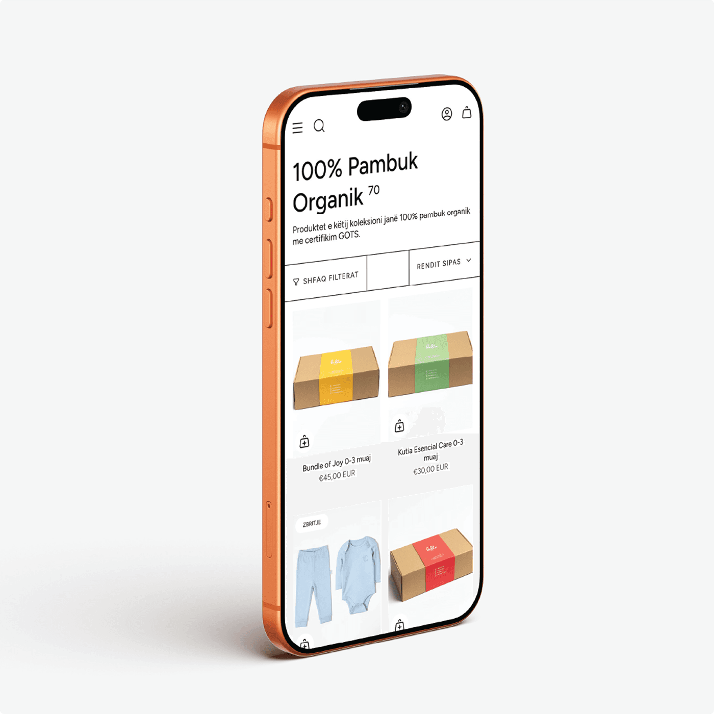 An iPhone showing a Hello Baby Box product detail page on the brand's mobile site — '100% Pambuk Organik' organic cotton range.