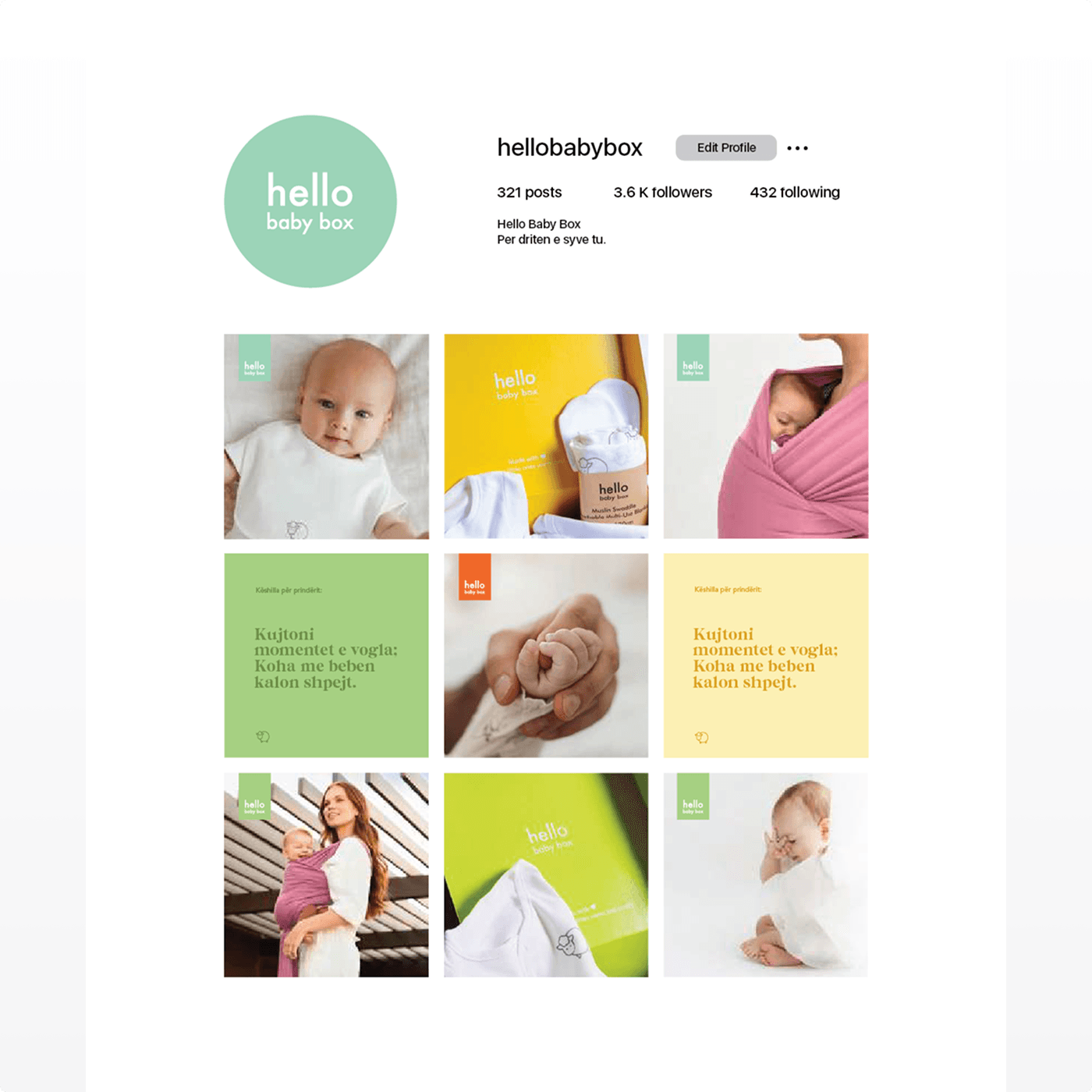The Hello Baby Box Instagram profile grid — a 3×3 layout of baby photography, colour-blocked text posts, and product shots.