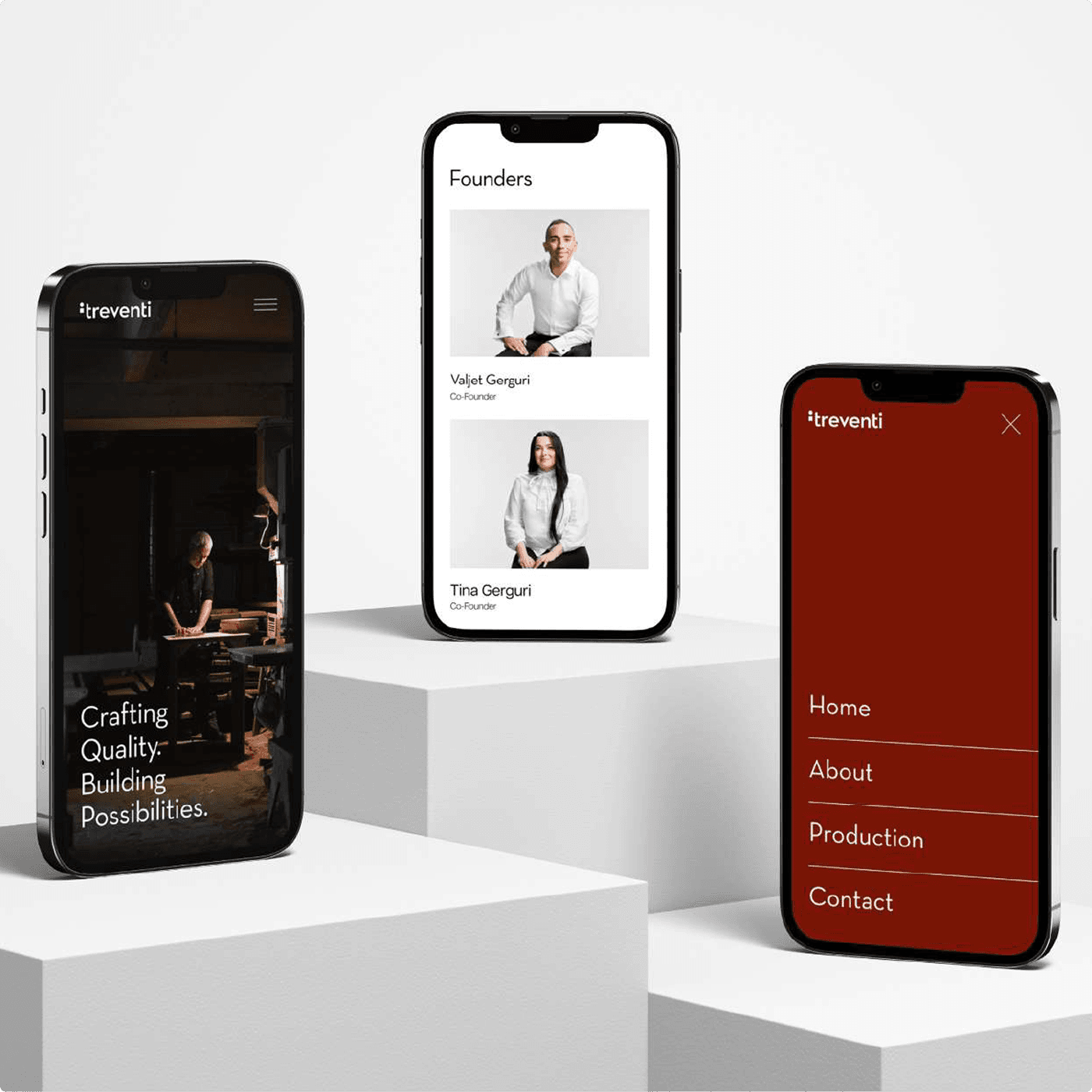 Treventi mobile experience — homepage, founders page, and red navigation menu.