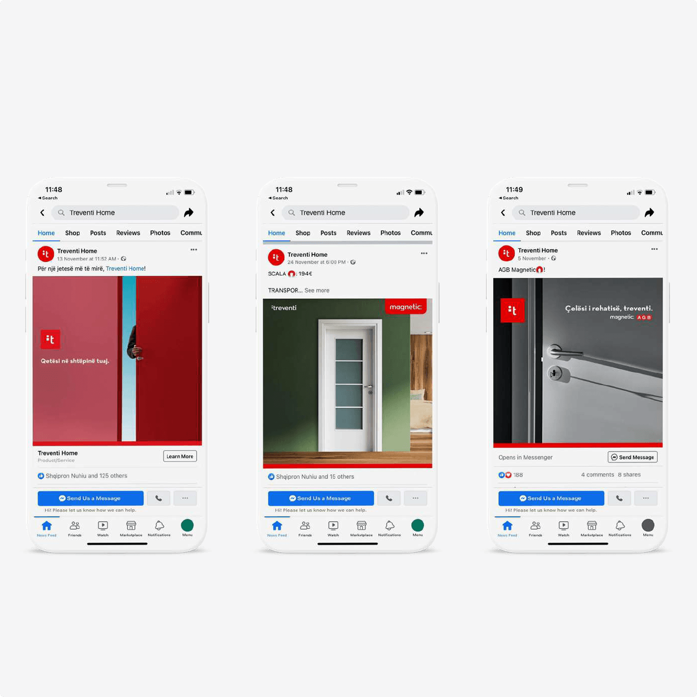 A grid of Treventi social media posts in red and white, mixing lifestyle photography with product imagery.